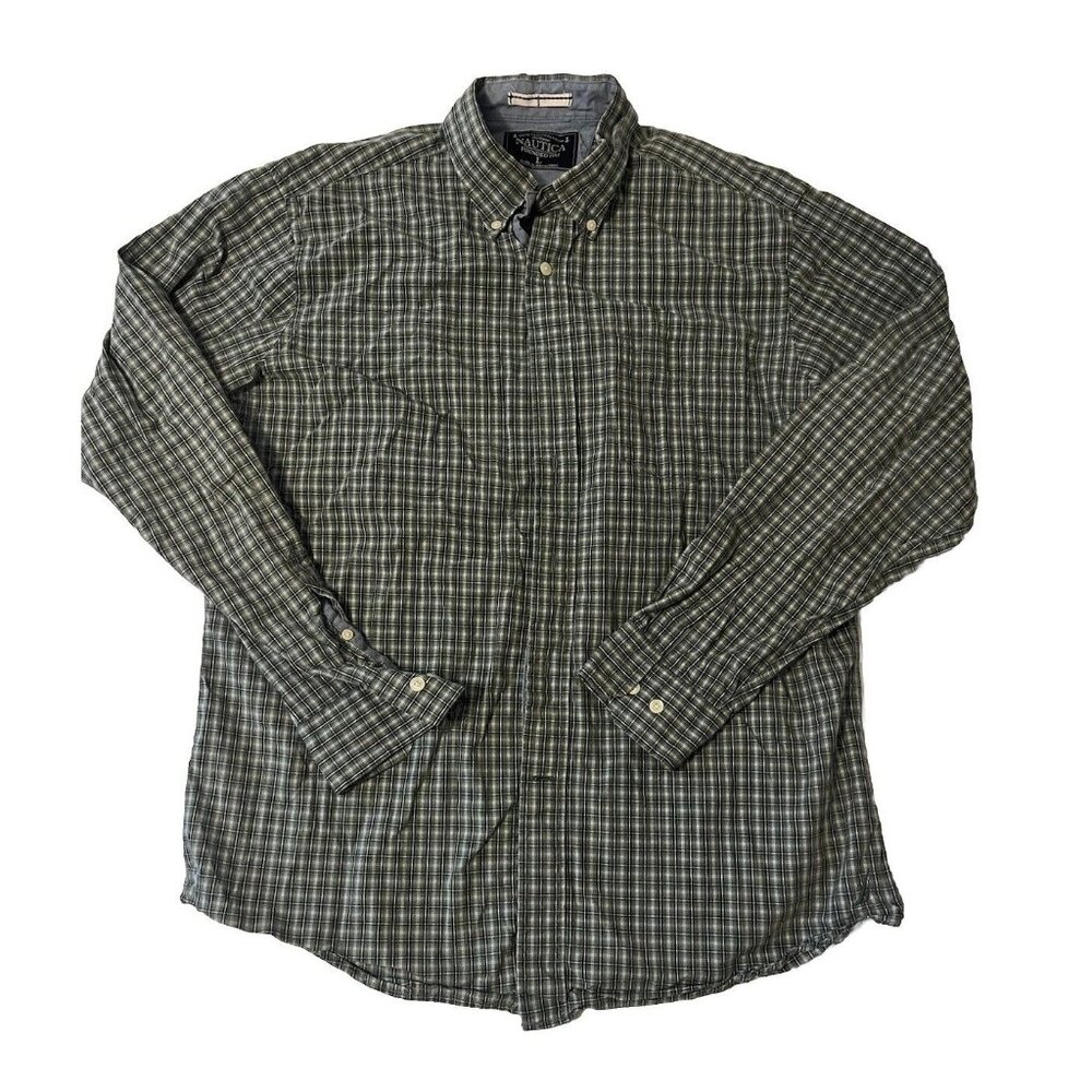 NAUTICA Sea Voyage Mens L Button‎ Down Green Plaid 100% Cotton Shirt